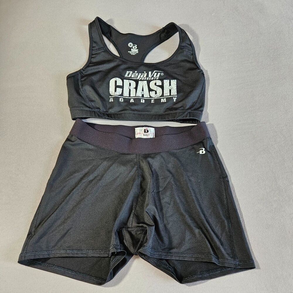 Badger Sport Women Bra & Boy Shorts Set Size M Black Activewear Gym Logo Stretch